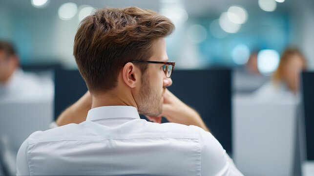 Faceless manager in server hub overseeing workers using computer, firewall misconfiguration detection, defocused background, systems bottleneck checking, sluggish data transfer tro