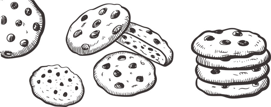 Black and white sketch of chocolate chip cookies food