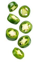 Seven sliced jalapeno peppers isolated on white background