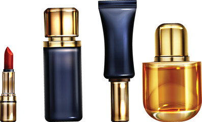 A set of realistic luxury cosmetic products including lipstick, serum, cream, and perfume.