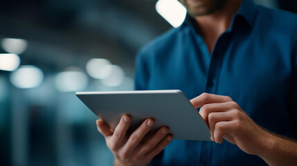 Tablet device used by faceless programmers team in server room, network issues detection, supercomputer performance troubleshooting, defocused background, slow data transfer fixing