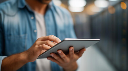 Faceless computer scientist in server hub using tablet device, firewall misconfiguration detection, defocused background, performance bottleneck checking, sluggish data transfer tr