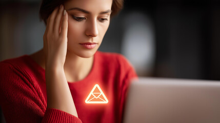 Faceless businesswoman receiving email alert warning on laptop, phishing scam notification, suspicious mail threat, digital inbox overload, cybersecurity breach, online fraud detec
