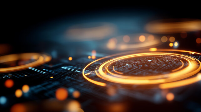 Detailed futuristic digital control panel with glowing orange and blue elements, sci-fi design aesthetic, intricate circuit visualization, technological interface, advanced control