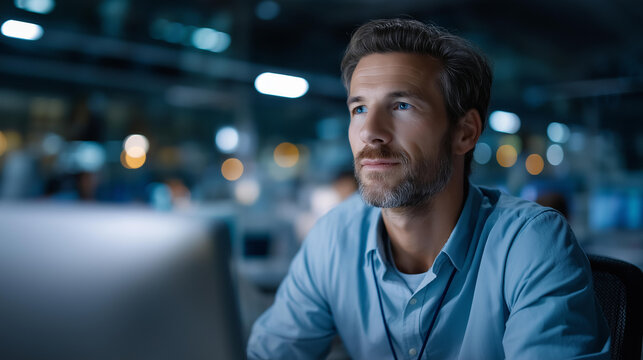 Faceless administrator arriving in server hub, sitting at computer desk, recovery plan checking, defocused background, energy consumption monitoring, sensor verification, camera A