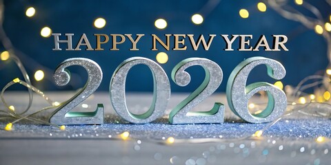Sparkling silver 2026 numbers illuminated by festive golden lights announce a joyful new year celebration