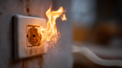 Overloaded wall electrical socket sparking with flames ignition, uninhabited apartment fire start, electrical safety importance, residential fire hazard, faulty wiring danger, emer