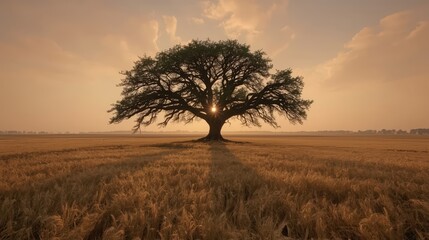 Lone Tree in Golden Wheat Field at Sunset with Cloudy Sky