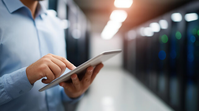 Faceless administrator in data center updating systems for performance optimization, server protection from software vulnerabilities, defocused equipment background, error detectio