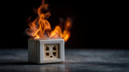Deserted home with overloaded electrical socket sparking angrily, ensuing flames and smoke, raging fire onset, residential electrical hazard, unattended emergency, fire safety warn