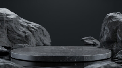 Fototapeta premium A dark stone pedestal emerges from dark water framed by weathered rocks.