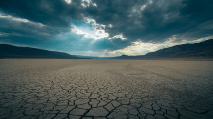 Fototapeta premium Cracked earth under dramatic sunlit clouds in a vast desert landscape.