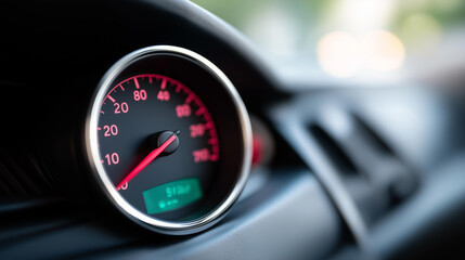 Closeup car dashboard petrol meter display, fuel gauge showing overfull gasoline level, automotive sensor reading, vehicle fuel monitoring, dashboard instrumentation, gasoline leve