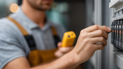 Faceless electrician troubleshooting malfunctioning electrical panel, diagnostic tools in use, circuit testing procedures, defocused equipment background, professional repair servi