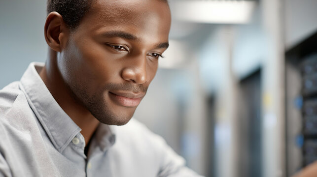 Faceless African American specialist maintaining electric generators for operational continuity, faceless engineer inspecting blade servers, data backup systems, centralized storag