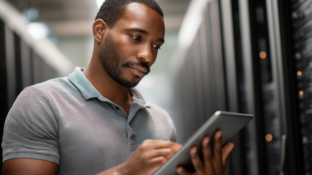 Faceless African American specialist maintaining electric generators for operational continuity, faceless engineer inspecting blade servers, data backup systems, centralized storag