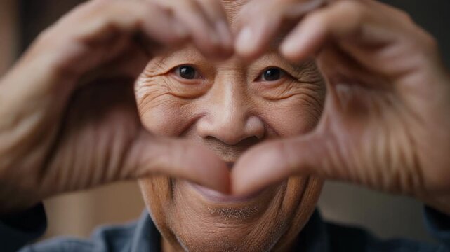 Joyful elderly man expressing warmth and love with playful heart gestures in heartfelt moments