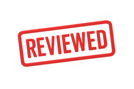 Red reviewed rubber stamp on transparent background is showing completion status