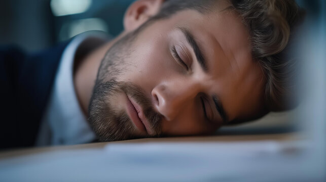 Weary faceless businessman with head on desk, papers scattered around, dimly lit office environment, fatigue visualization, digital art style, muted color palette, exhaustion repre