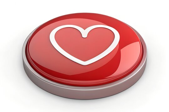 Red button with a white heart shape on top for love and romance concepts