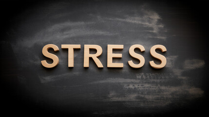 STRESS text lettering on chalkboard, stress concept communication, mental health message, anxiety awareness, psychological pressure visualization, emotional strain representation,