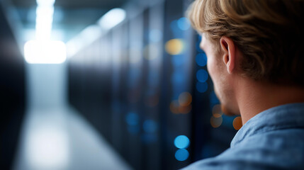 Faceless admin team in server hub checking recovery plan, energy consumption monitoring, defocused background, sensor optimization, routine disk checks, collaborative maintenance,