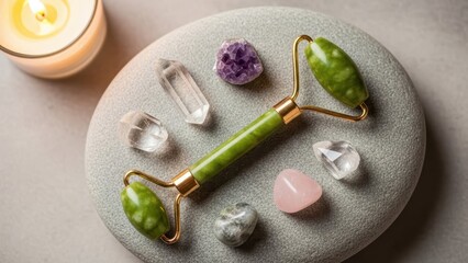 Green jade facial roller and natural crystals on a stone for beauty and skin care