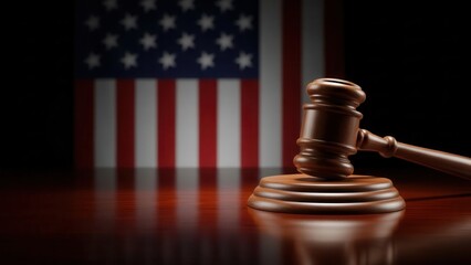 American justice system gavel on wood with US flag in background