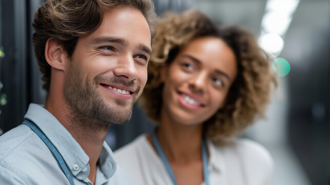 Faceless admin team talking and having fun in server hub, energy consumption monitoring, defocused background, sensor functionality checking, routine disk maintenance, positive wor - Powered by Adobe