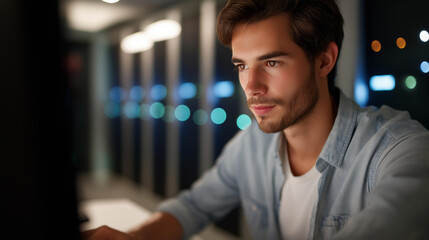 Faceless artificial intelligence engineer in data center checking performance issues, high CPU usage troubleshooting, defocused background, machine learning expert work, insufficie