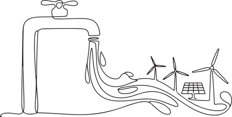 Faucet releasing water, symbolizing World Water Day in a continuous one line drawing. Renewable energy concept. one line Icon drawing