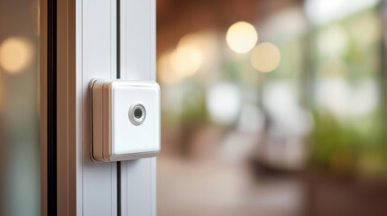 Naklejka premium Magnetic security switch installation on metal door frame, electronic access control, building security sensor, entry monitoring device, door protection technology, security hardwa