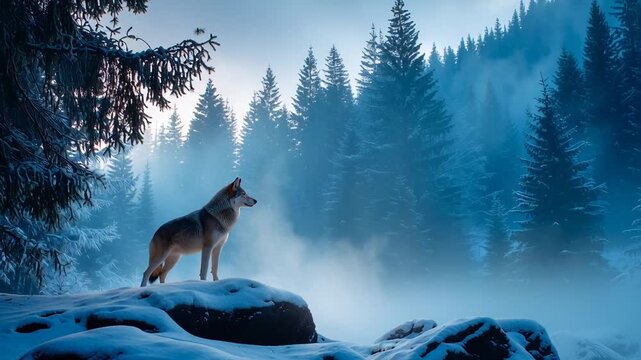 Lone gray wolf standing on snowy boulders in foggy fir forest at blue sunrise, warm light filtering through trees. Concept of wild freedom and resilience