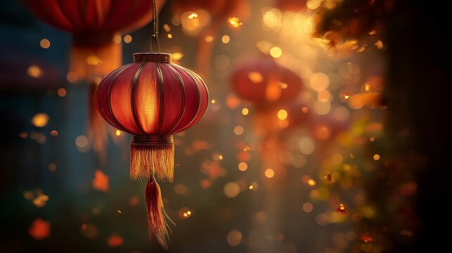 Glowing red lanterns hang softly at dusk, illuminating a serene evening filled with warmth and tranquility in a lively festival atmosphere