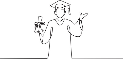 A continuous line drawing of a graduate wearing a cap and gown, holding a diploma in one hand and gesturing with the other hand. one line Icon drawing