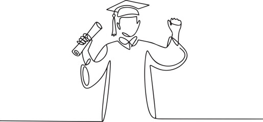 A continuous line drawing of a graduate wearing a cap and gown, holding a diploma in one hand and gesturing with the other hand. one line Icon drawing