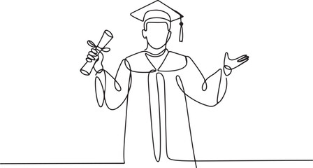 A continuous line drawing of a graduate wearing a cap and gown, holding a diploma in one hand and gesturing with the other hand. one line Icon drawing