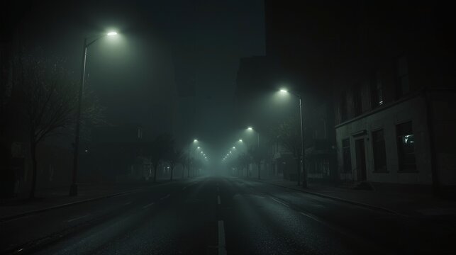 Night Street lighting Dark foggy and eerie urban scenery street light city alley building at night fog cinema - Powered by Adobe