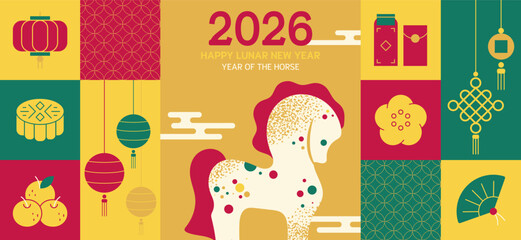 Happy Chinese New Year 2026 Mosaic Banner Design Template Set. Lunar Holiday Year of the Horse with Lanterns and Festive Icons. Celebration Vector Layout. Cartoon Horse on Minimal Chinese Background.