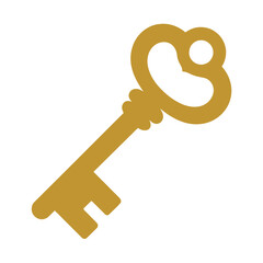 A golden antique key is isolated on a white background.