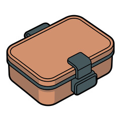 A closed brown lunchbox with dark gray clasps is depicted.