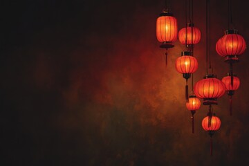 warm glowing chinese lantern cluster on dark textured backdrop with generous right side copyspace reflecting lunar new year ambience prosperity symbolism and elegant festive decoration