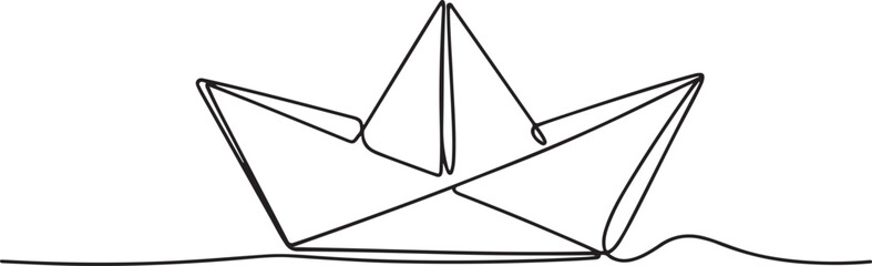 One continuous line drawing of paper boat. Origami ship concept for success leadership of business in simple linear style. one line Icon drawing