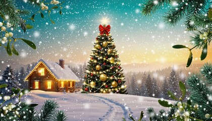Obraz premium Joyful winter celebration with a festively decorated christmas tree in a snowy landscape near a cozy cabin at sunset invoking holiday spirit and warmth