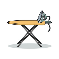 An illustration of an ironing board with an iron on its surface.