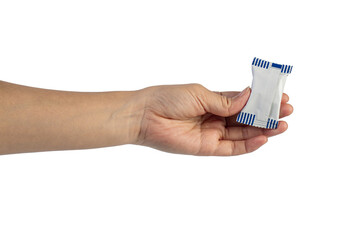 Plastic bag snack packaging and hand holding isolated on transparent background