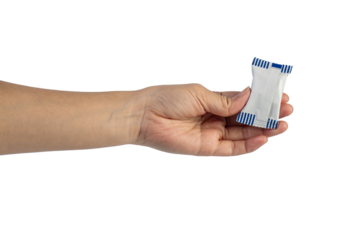 Plastic bag snack packaging and hand holding isolated on transparent background