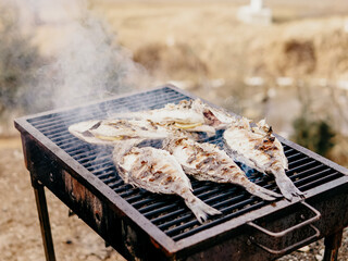 Fresh sea bream is being grilled outdoors, surrounded by natural beauty. The smoky aroma fills the air, creating a perfect setting for a summer meal.