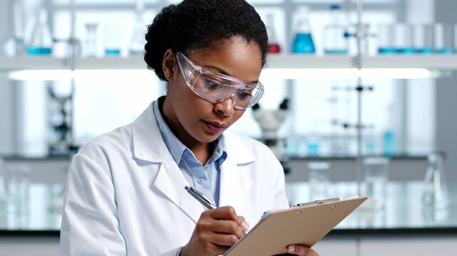 Young African American scientist in lab coat and safety glasses taking notes on a clipboard