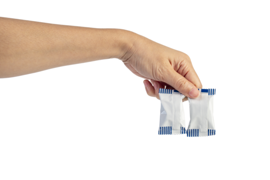 Plastic bag snack packaging and hand holding isolated on transparent background